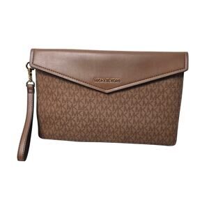 Michael Kors Maisie Wristlet Large Clutch Leather Canvas Logo Envelope